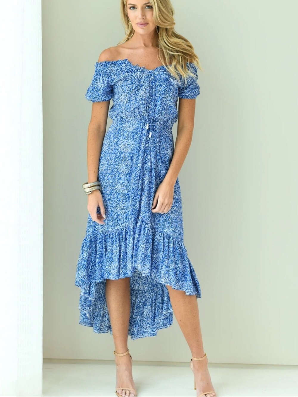 Walker & Wade Prita Blue Off-Shoulder High-Low Dress